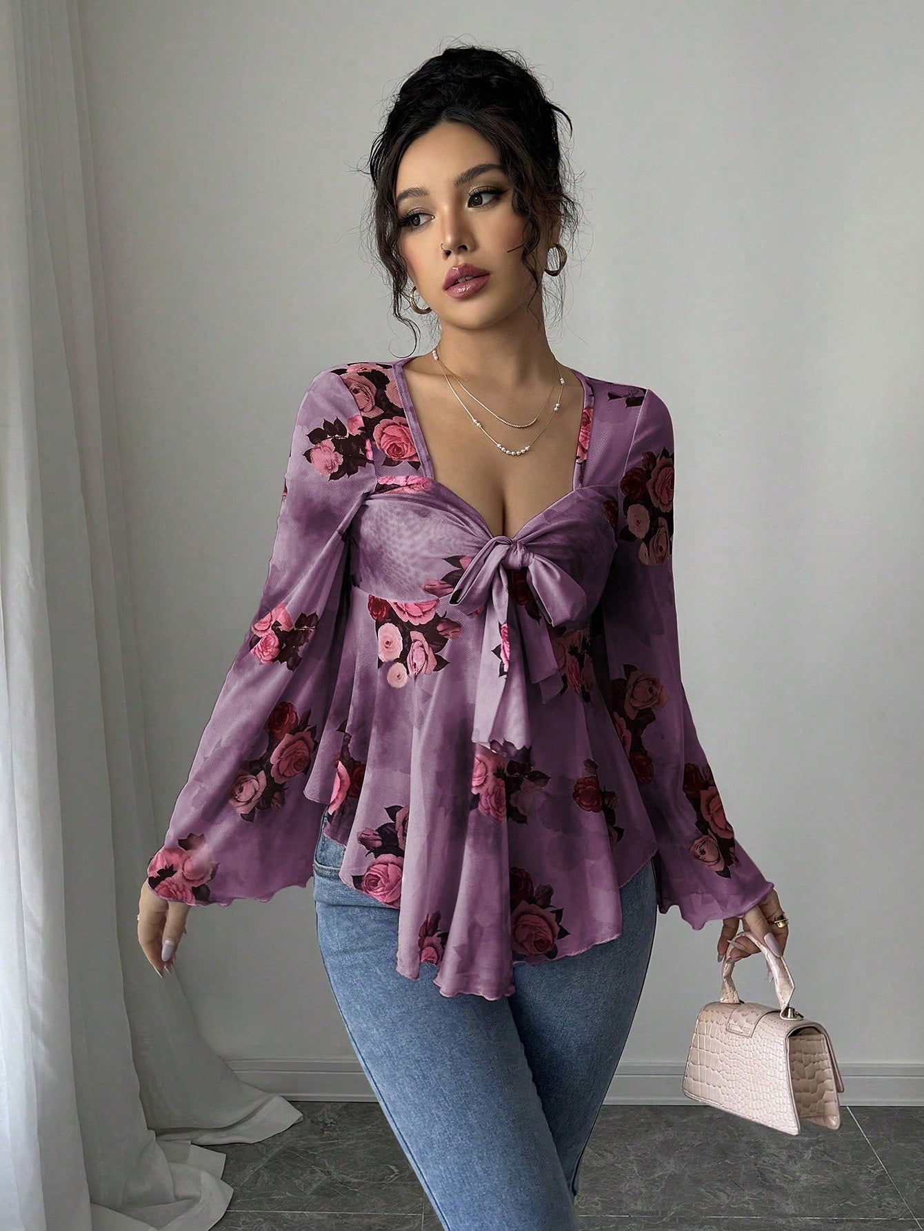 European And American Design Sense French Sweet Flower Blooming Lace-up Square Collar Long Sleeve Shirt