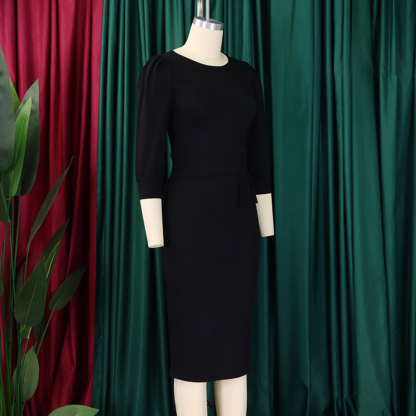 Women's Bodycon Pencil Dress Round Neck 3 /4 th Sleeve Peplum Office Dress - Free USA Shipping