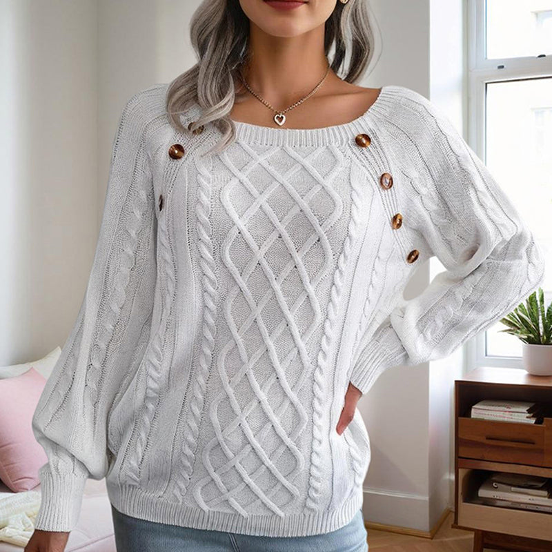 Women's Solid Color Casual Square Neck Button-Detail Knit Top - Textured Ribbed Pattern, Cozy Fall&Winter Sweater