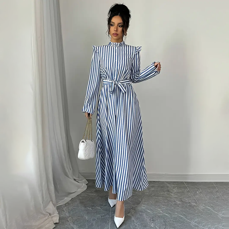 Women's Floral Print Long Sleeve Stand Collar A-Line Maxi Dress - Free USA Shipping