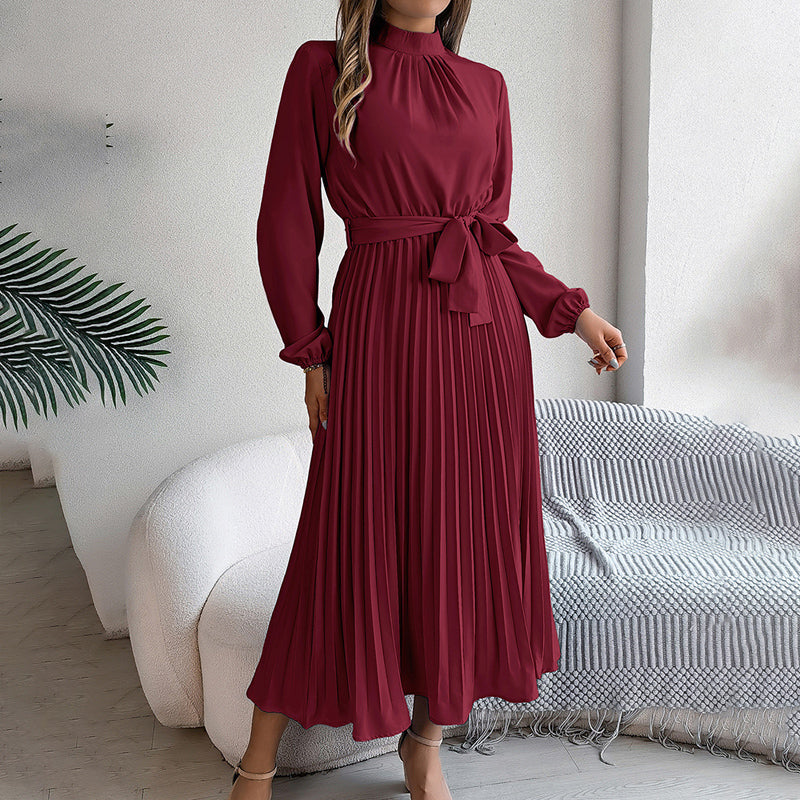 Elegant High Neck Long Sleeve Pleated Maxi Dress - Solid Color Flowy Dress For Women, Casual To Formal Wear-FREE USA SHIPPING
