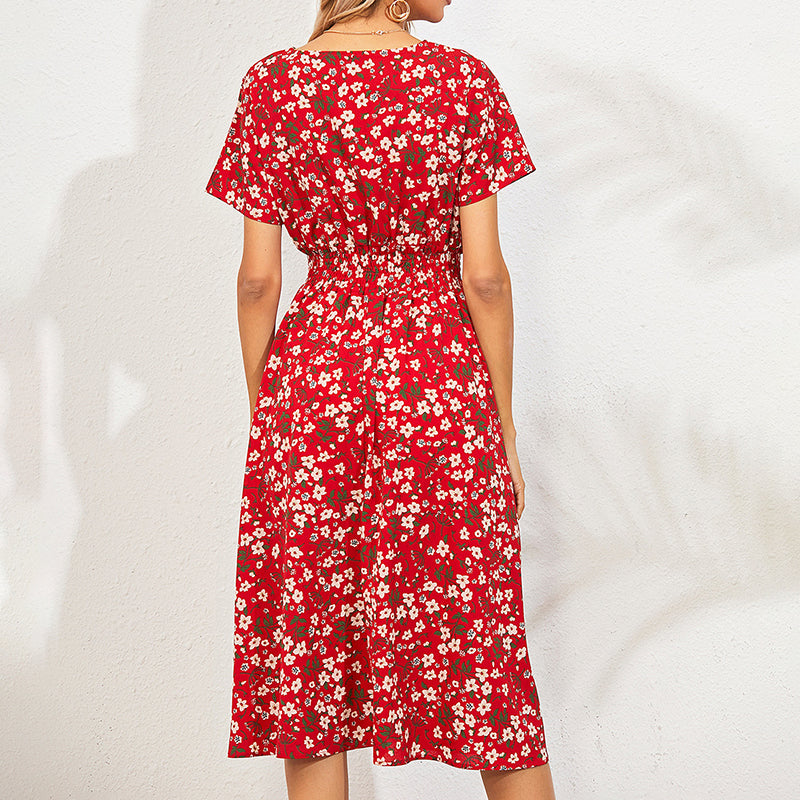 Women's V-Neck Floral Print Dress - A-Line Waisted Summer Maxi Dress - Free USA Shipping