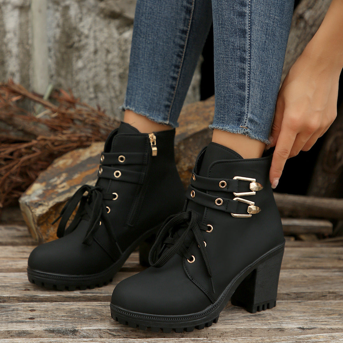 Autumn Round Head Chunky Heel High Heel Leisure Platform Lace Up Booties