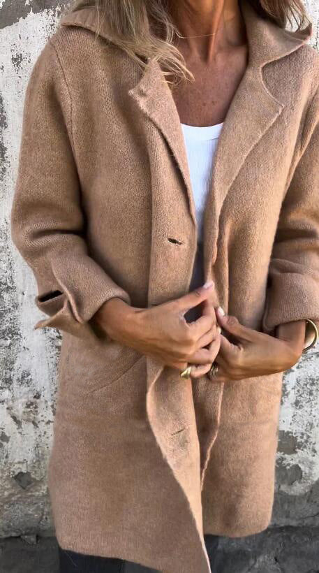 Apel Single Breasted Cardigan With Pockets Fashion Color Solid Mid-Length Outwear Coat Womens Clothing