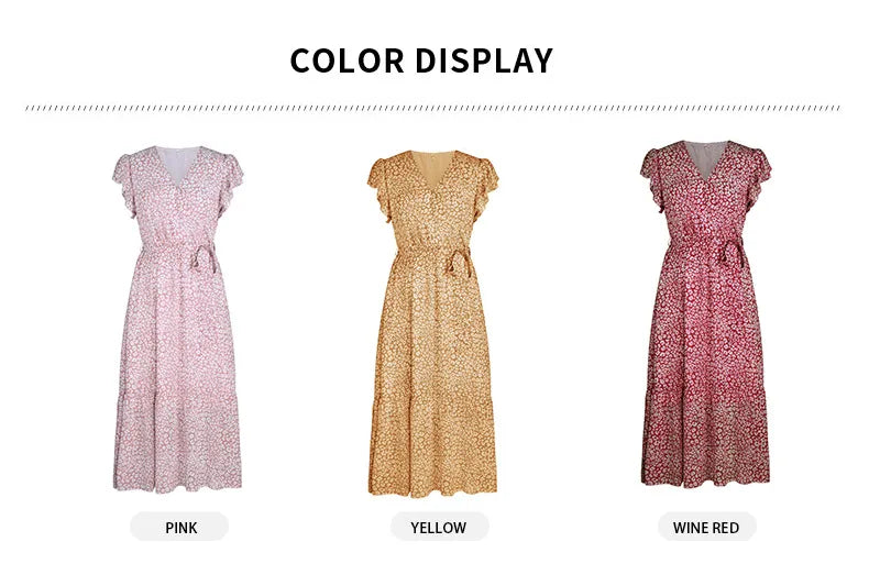 Summer Dresses Ruffle Cap Sleeve V Neck Belt Wrap Split Boho Floral Long Casual Party Beach Dress