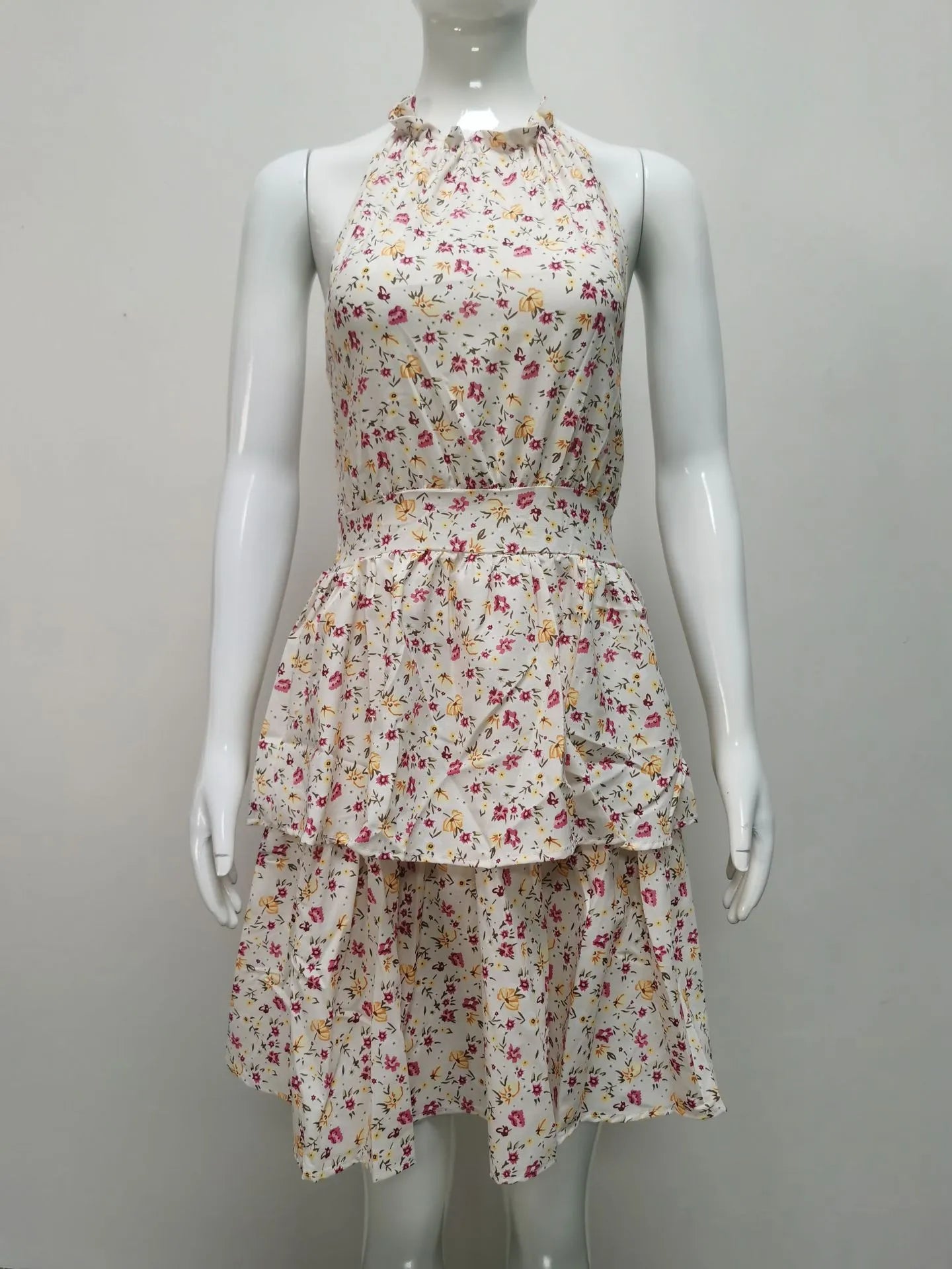 Summer Printed Halter Dress Fashion Boho Backless Ruffled A-Line Beach Dresses For Womens Clothing