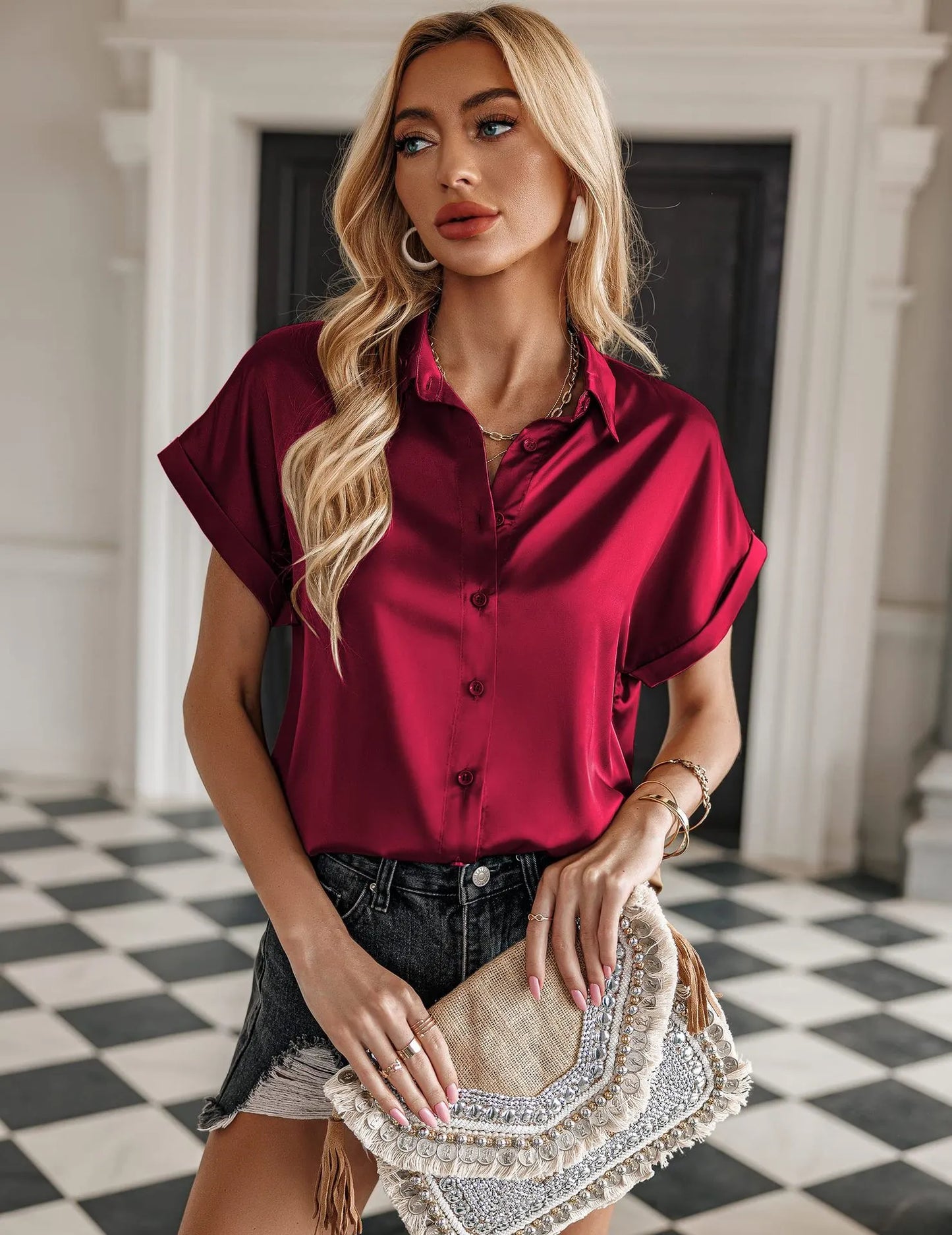 Lapel Button Short Sleeve Shirt Summer Casual Loose Solid Color Beach Top For Womens Clothing