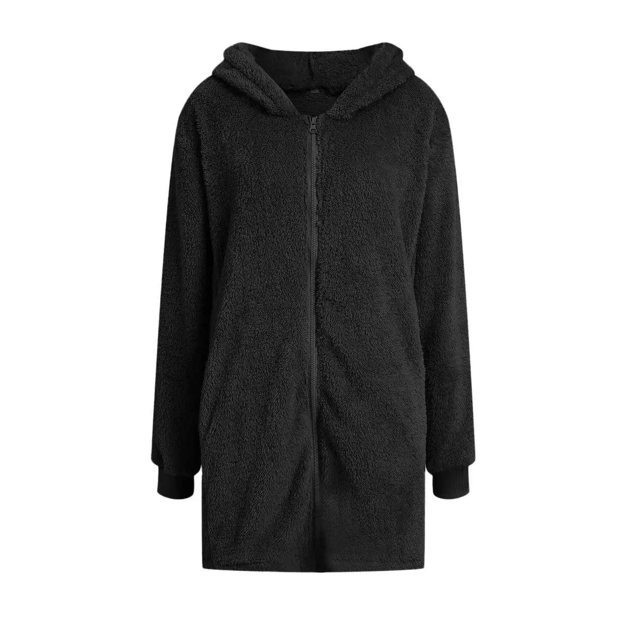 Loose Plush Women's Long Sleeve Hooded Zip Cardigan Coat