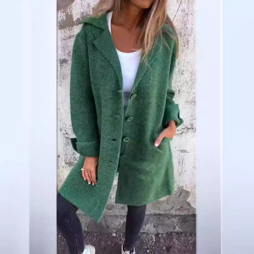 Apel Single Breasted Cardigan With Pockets Fashion Color Solid Mid-Length Outwear Coat Womens Clothing