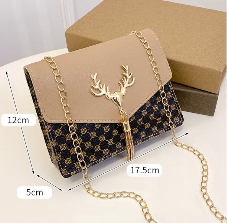 Tassel Deer Head Contrast Color Chain Small Square Leisure Phone Bag