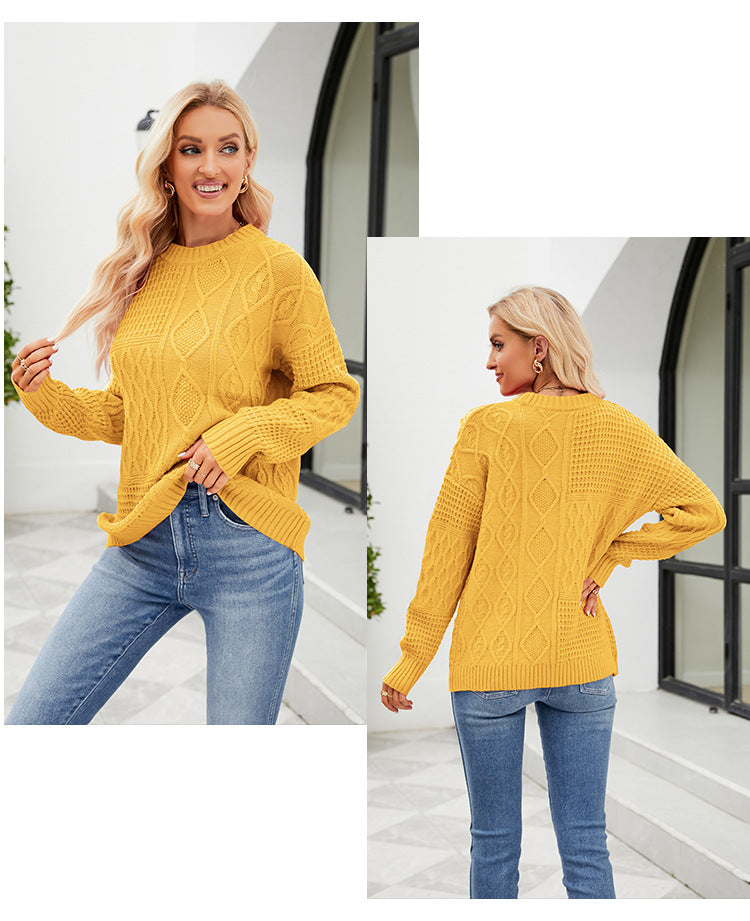 Casual Round-neck Pullover Sweater Fall Winter Solid Color Cable-knot Pattern Tops Women Clothing