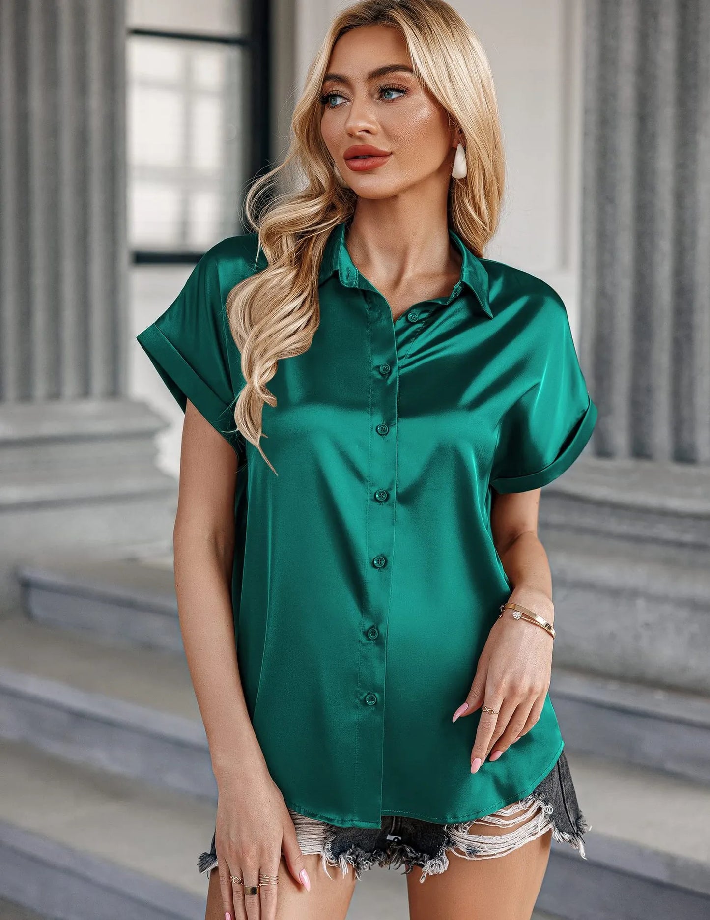 Lapel Button Short Sleeve Shirt Summer Casual Loose Solid Color Beach Top For Womens Clothing