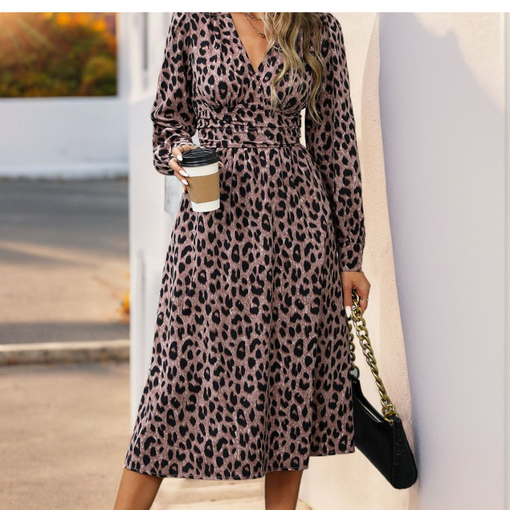 Perfee Leopard Surplice Long Sleeve Midi Dress