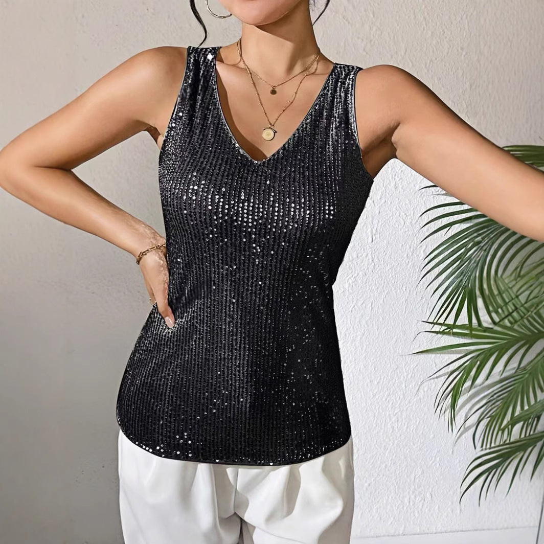Sexy V-neck Loose Sequined T-shirt Outer Wear Inner Wear Women's Vest