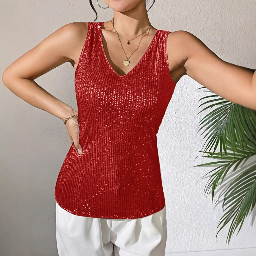 Sexy V-neck Loose Sequined T-shirt Outer Wear Inner Wear Women's Vest
