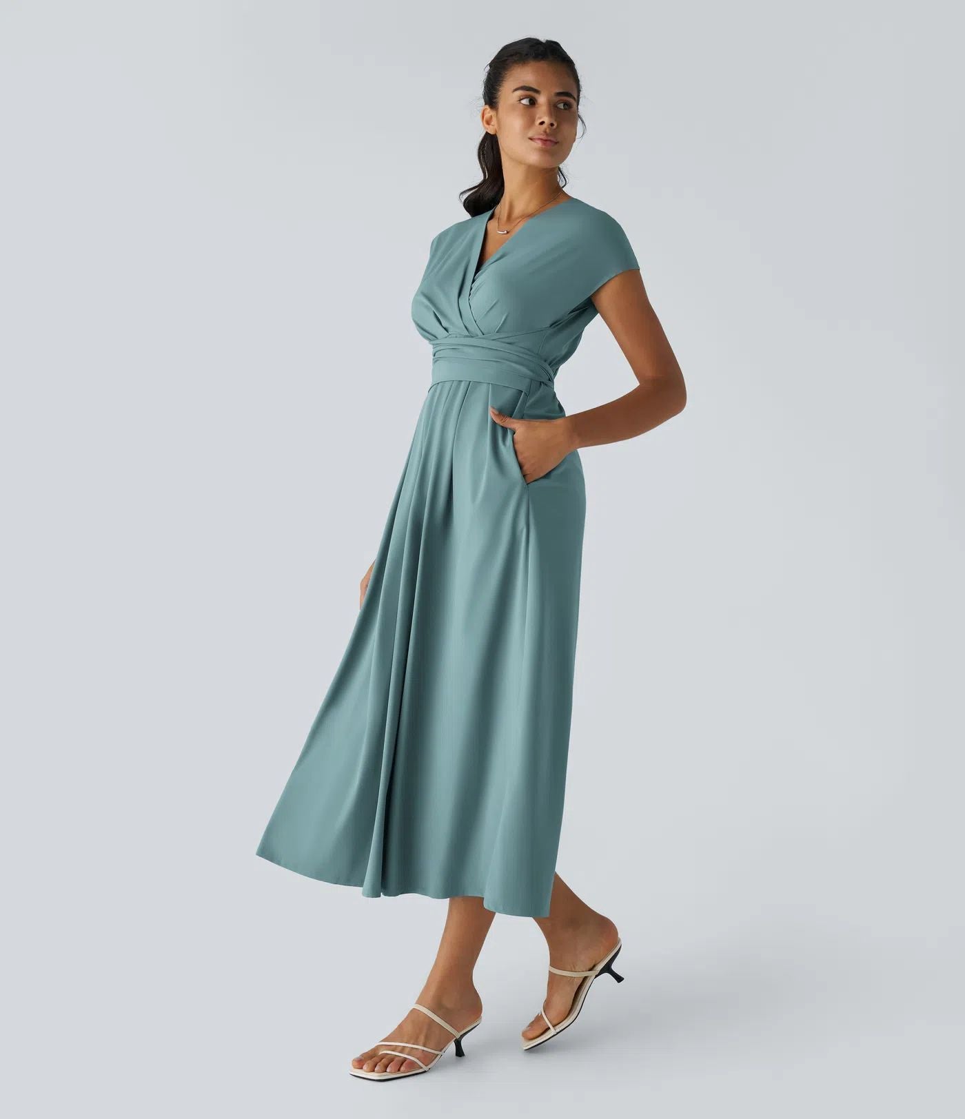 Solid Color Overlapping V-neck Short Sleeve Side Pocket Lace-up Quick-drying Mid-length Casual Dress
