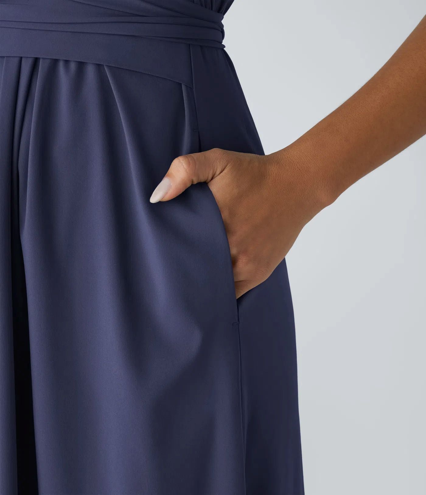 Solid Color Overlapping V-neck Short Sleeve Side Pocket Lace-up Quick-drying Mid-length Casual Dress