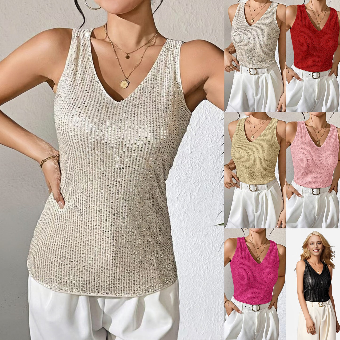 Sexy V-neck Loose Sequined T-shirt Outer Wear Inner Wear Women's Vest