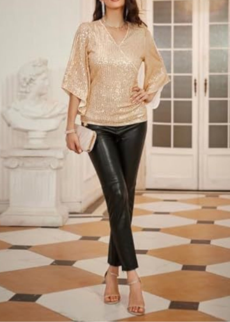 New Women's Sequined Bell Sleeve Top