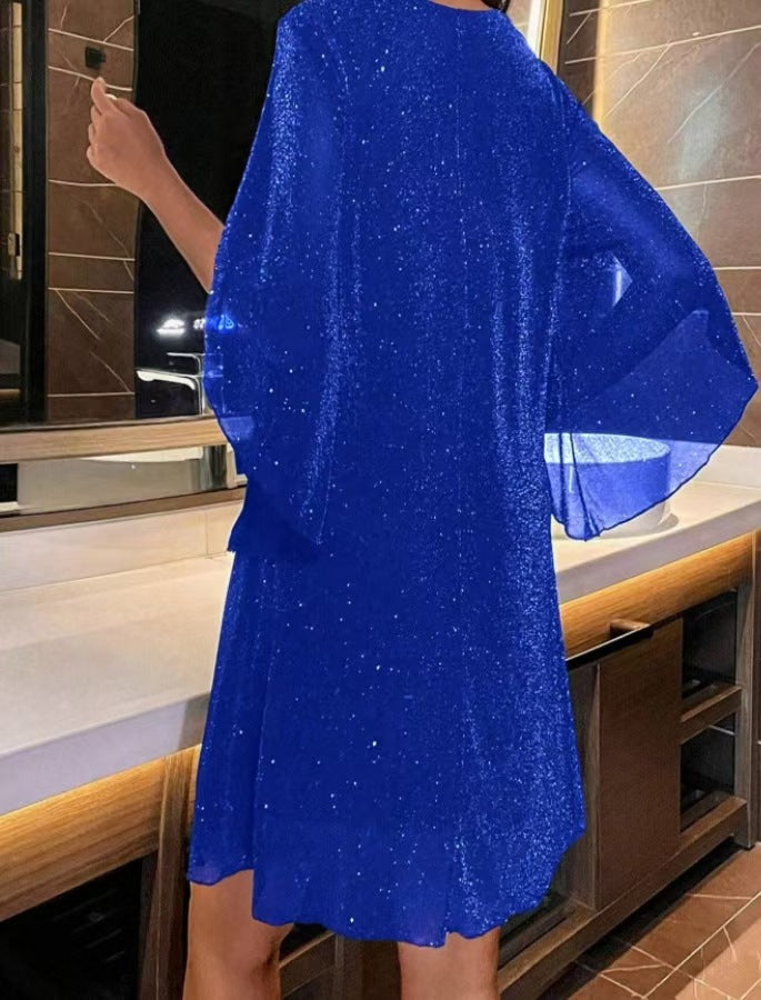 Women's V-neck Half Sleeve Loose Waist Shiny Dress