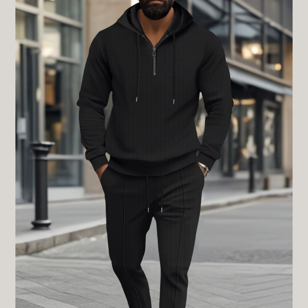 Men's Full Size Waffle-Knit Half Zipper Hoodie and Pants Set Plus Size
