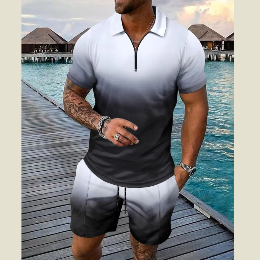 Men's Full Size Gradient Collared Neck Top and Shorts Set Plus Size