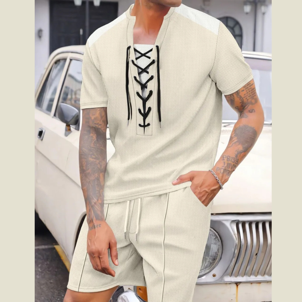 Men's Full Size Lace-Up Waffle Knit Top and Shorts Set Plus Size