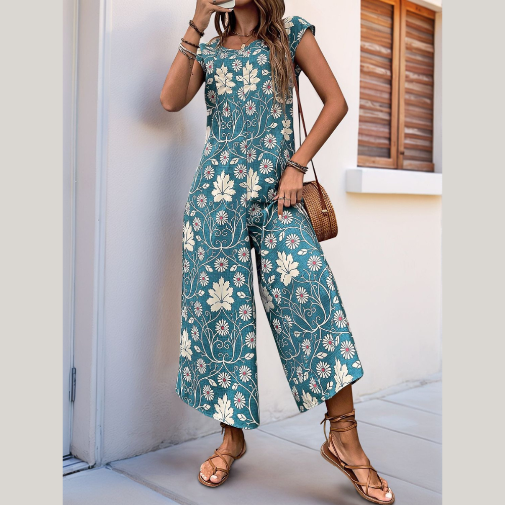 Perfee Printed Round Neck Cap Sleeve Wide Leg Jumpsuit