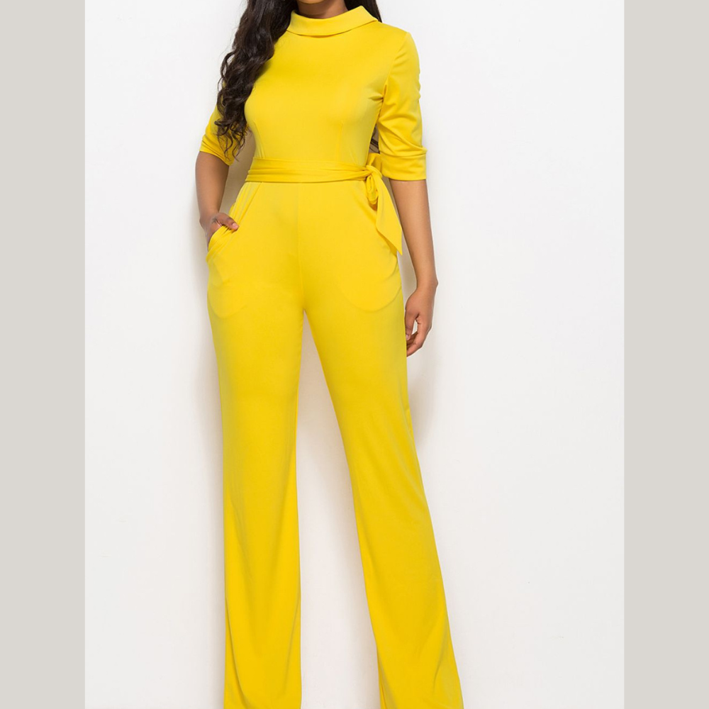 Mock Neck Tie-Waist Half Sleeve Jumpsuit