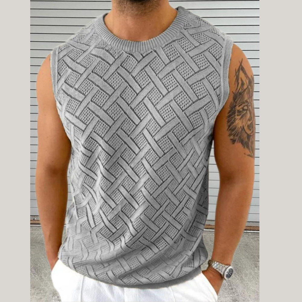 Men's Round Neck Sleeveless Eyelet Knit Top