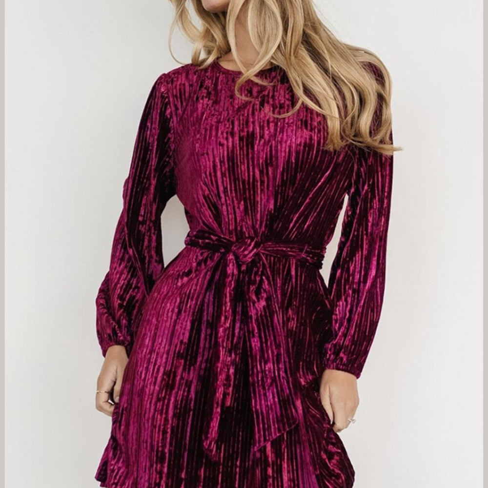 Velvet Round Neck Tie Waist Long Sleeve Mini Dress