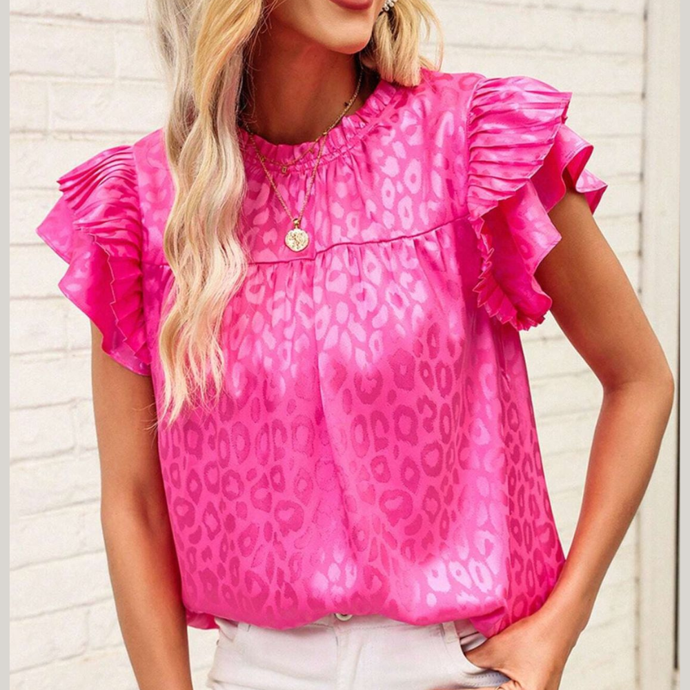 Leopard Frill Mock Neck Ruffled Cap Sleeve Top