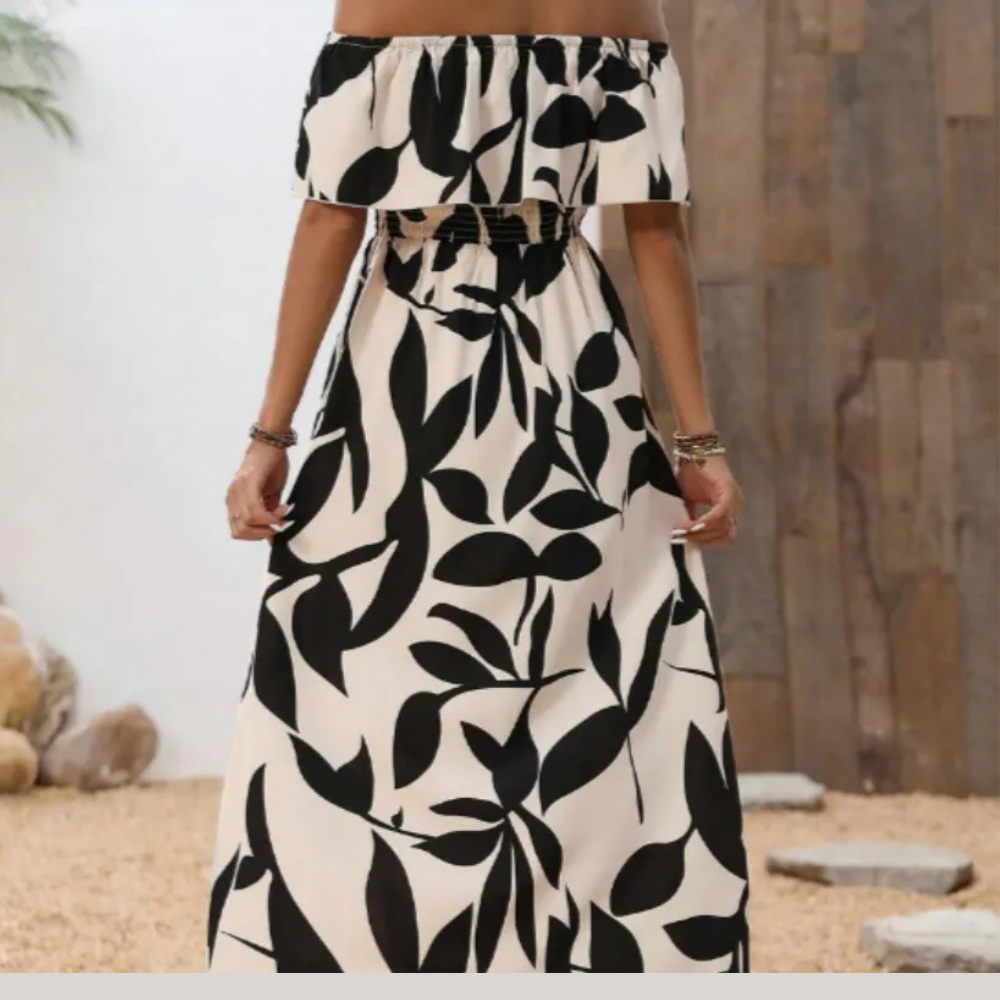 Summer Botanical Print Off-the-shoulder Split Dress