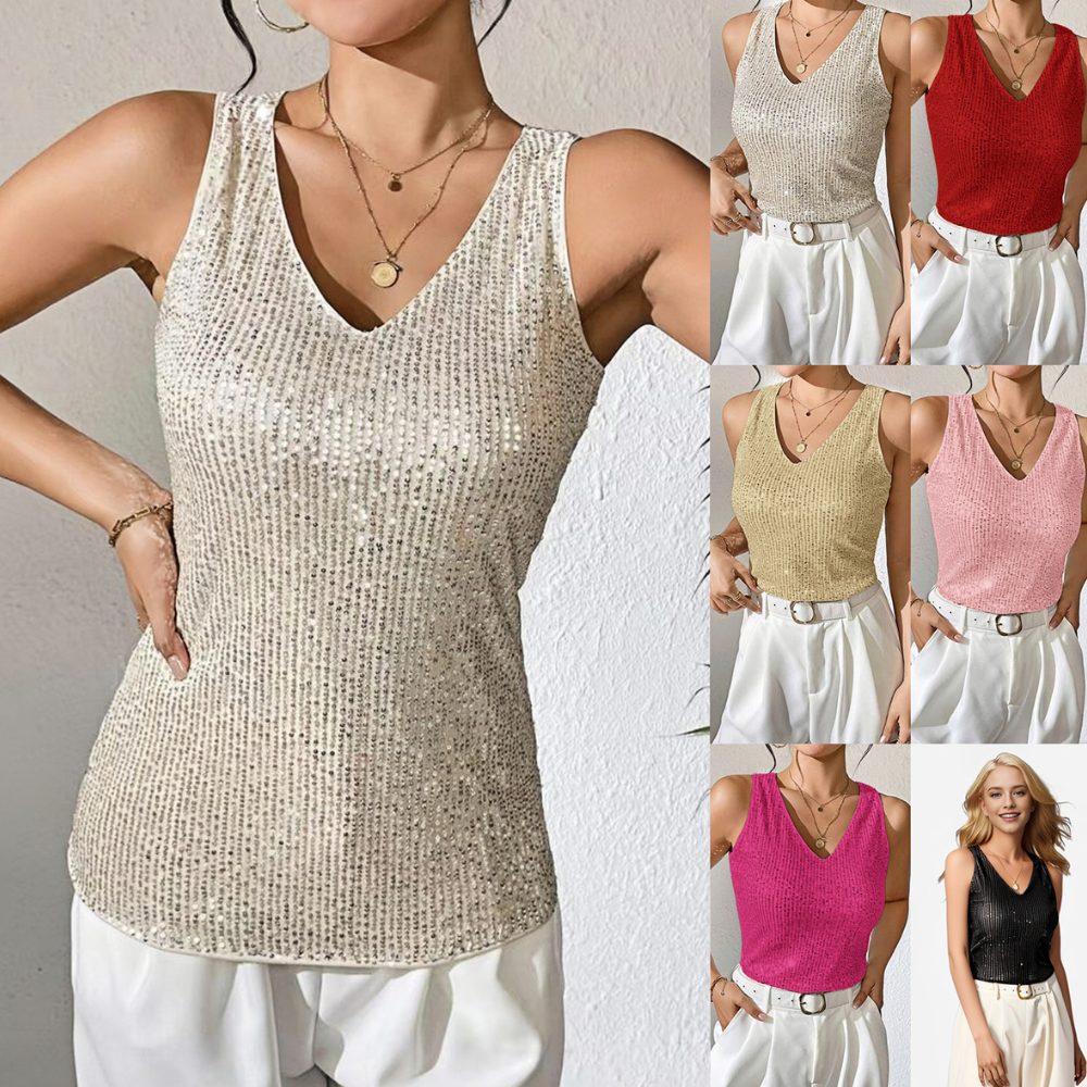 Sexy V-neck Loose Sequined T-shirt Outer Wear Inner Wear Women's Vest