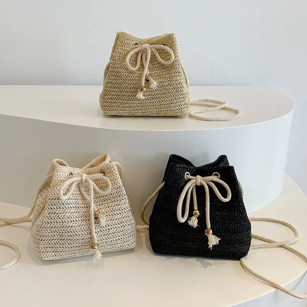 Straw Braided Drawstring Bucket Bag