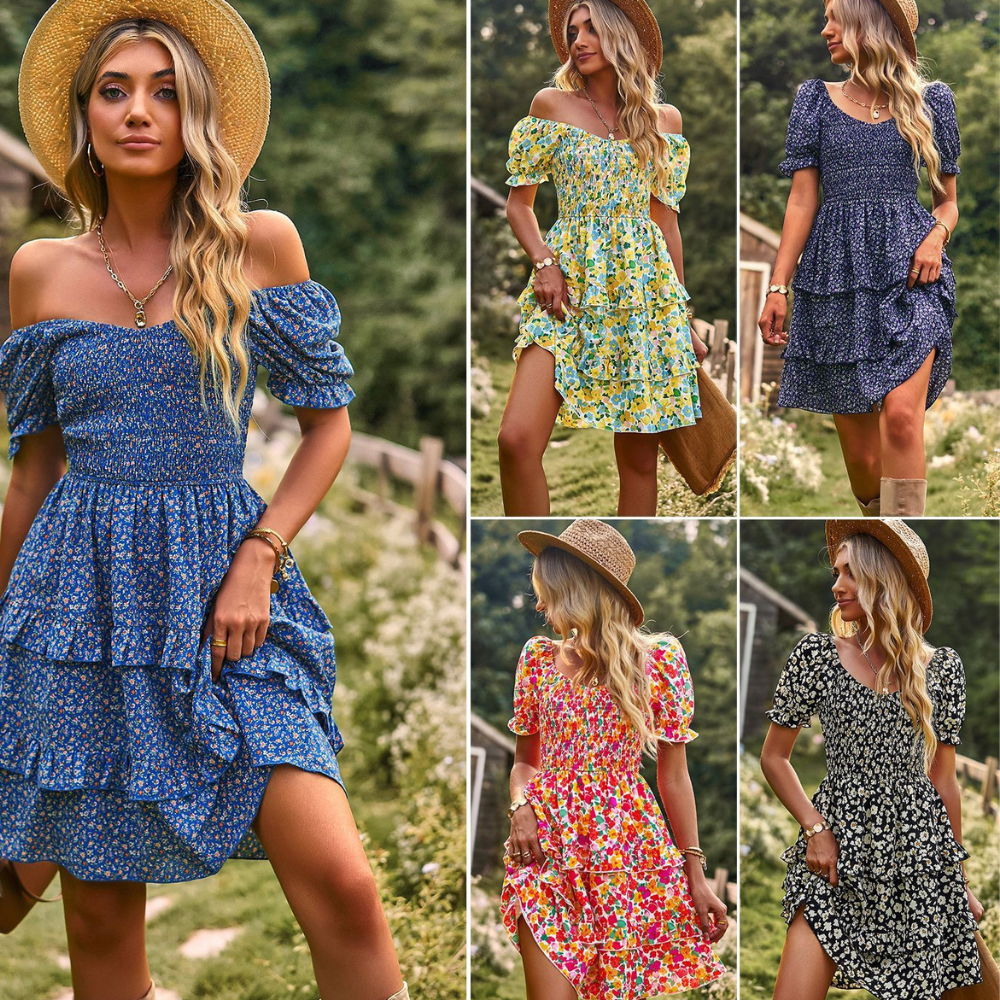 Floral Ruffle Summer Dress Short Sleeve Off Shoulder Mini Dress Beach