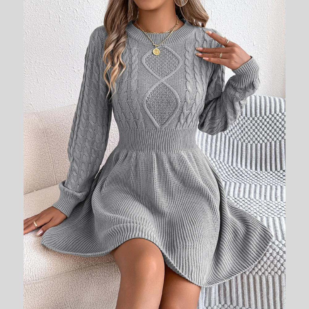 Solid Color Twist Fitted Waist Lantern Long Sleeve Sweater Dress