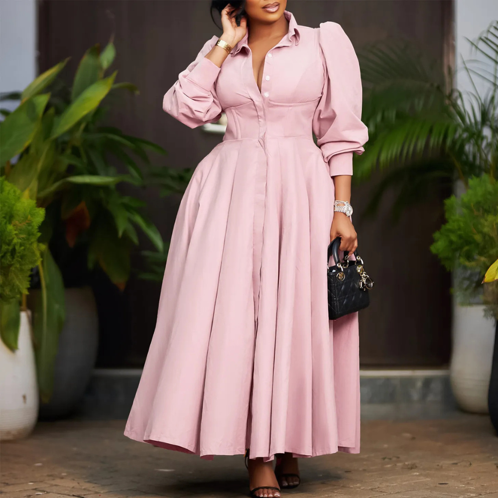 Women's Elegant Long Sleeve Big Hem Shirt Solid Color Dress