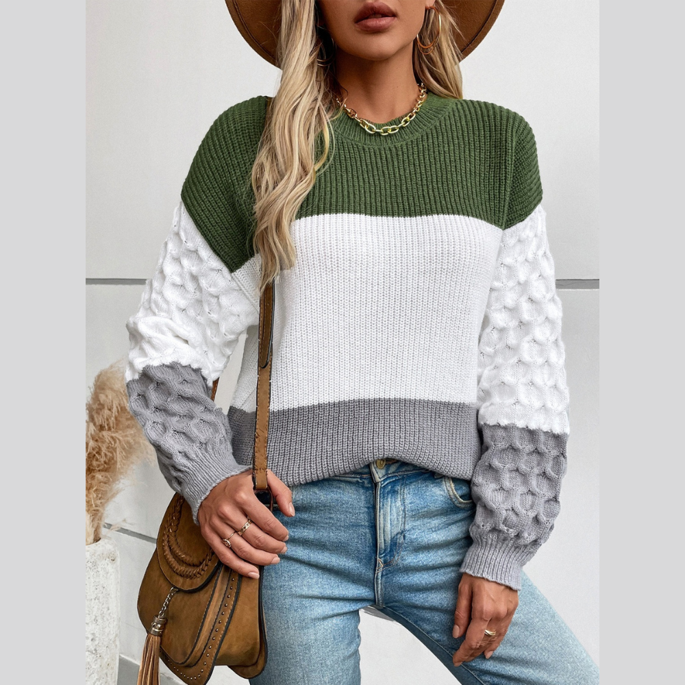 Round Neck Long Sleeve Color Block Sweater