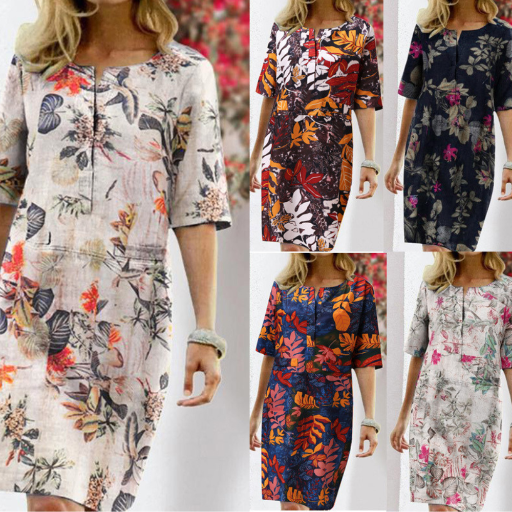 Vintage Dress Women Summer Floral Leaf Print Slit Round Neck Half Sleeve Dresses