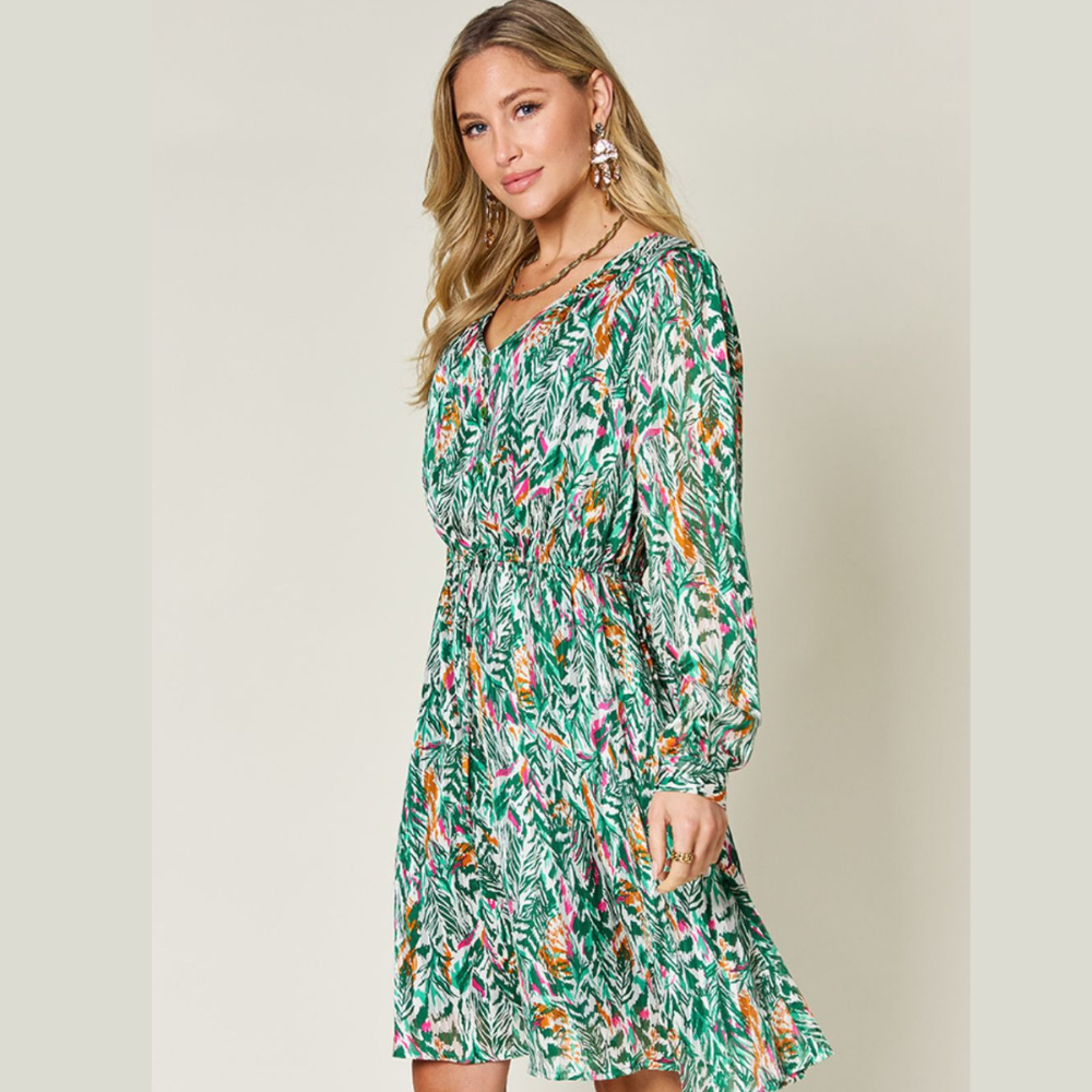 Double Take Full Size Printed Drawstring Waist Long Sleeve Dress