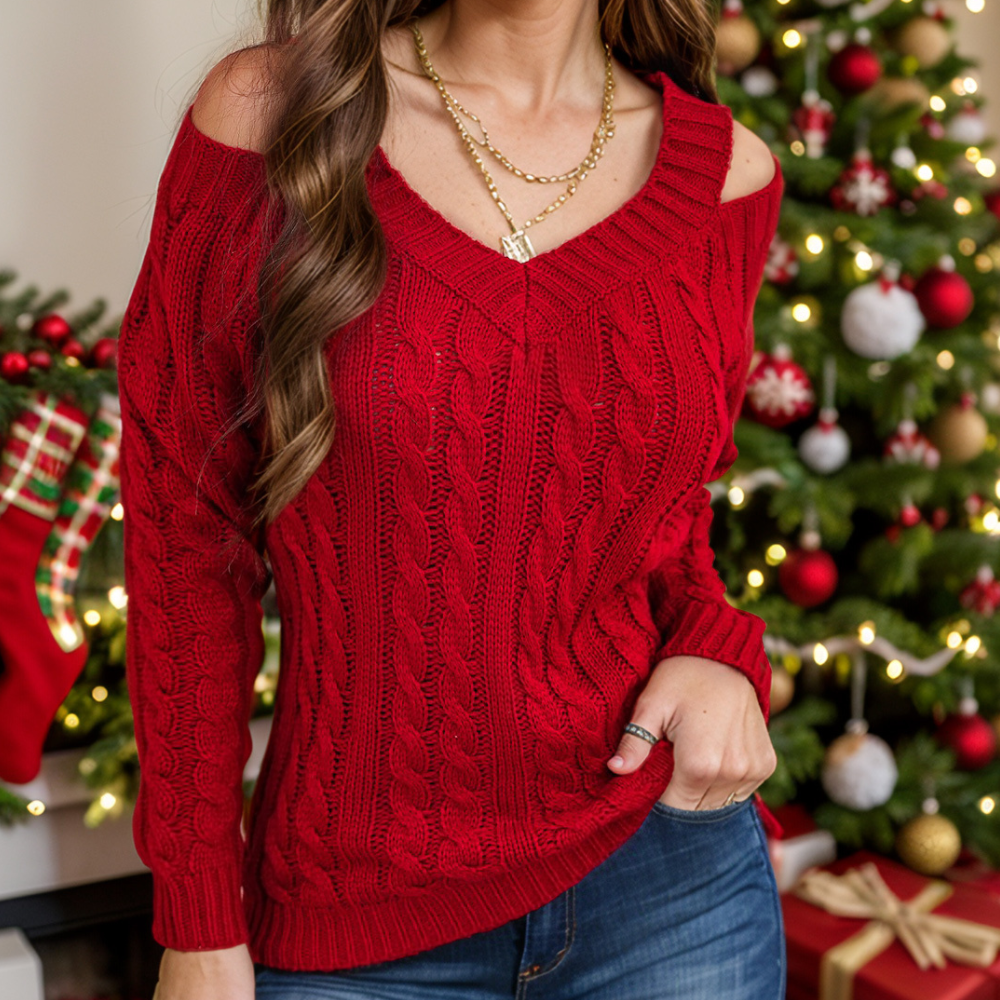 Honey Cable-Knit V-Neck Cold Shoulder Sweater