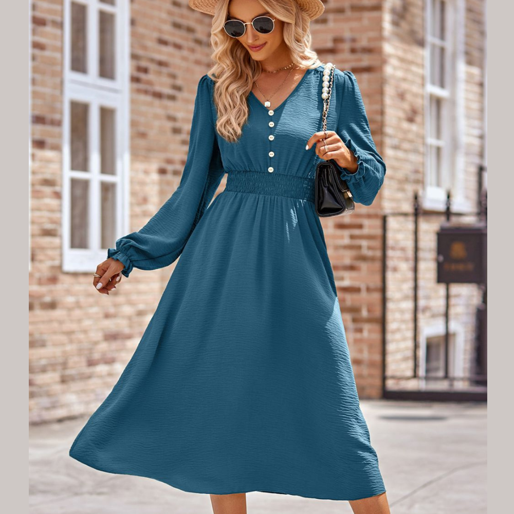 Smocked V-Neck Flounce Sleeve Midi Dress