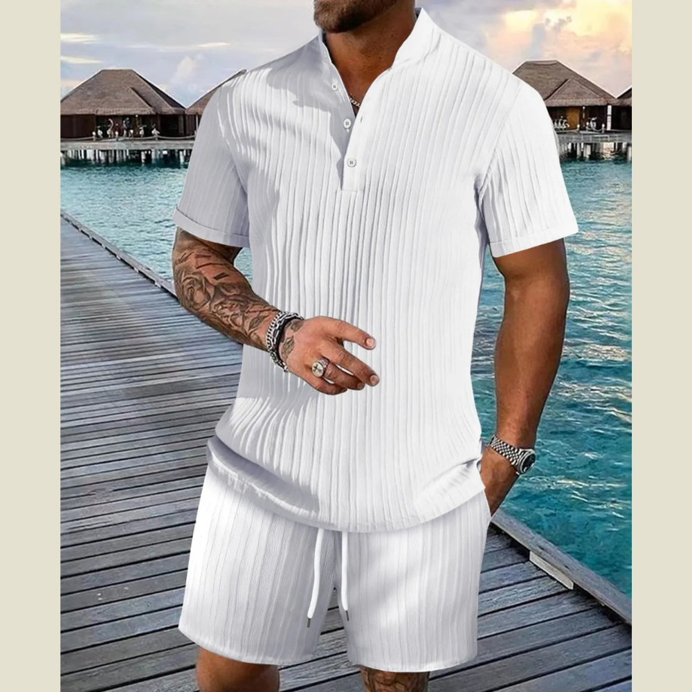 Men's Full Size Button Detail Short Sleeve Top and Shorts Set Plus Size