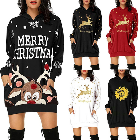 Christmas printed mid length pocket hooded long sleeved sweater