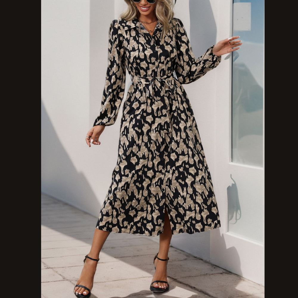 Perfee Printed Long Sleeve Midi Dress