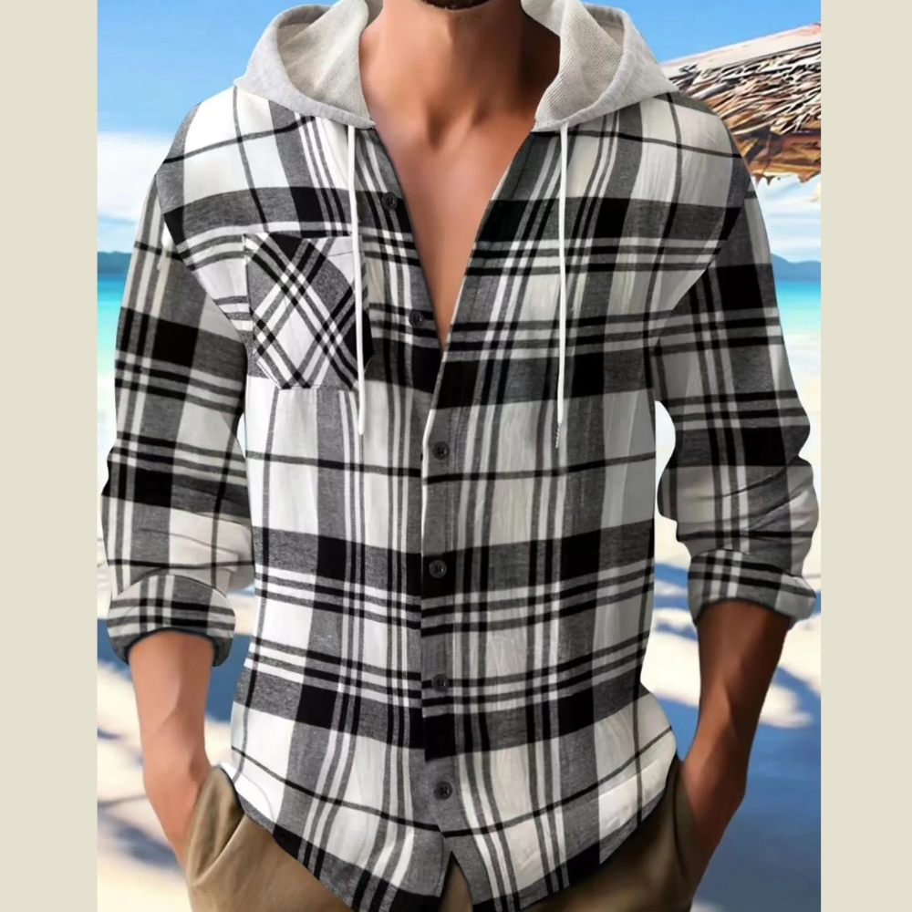 Men's Full Size Plaid Button Up Long Sleeve Hooded Top Plus Size