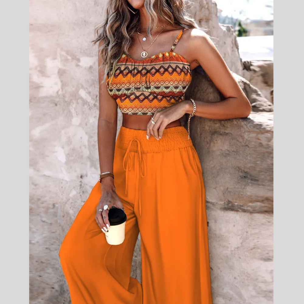 Summer New Commuter Two-piece Printed Lace-up Wide-leg Pants Suit
