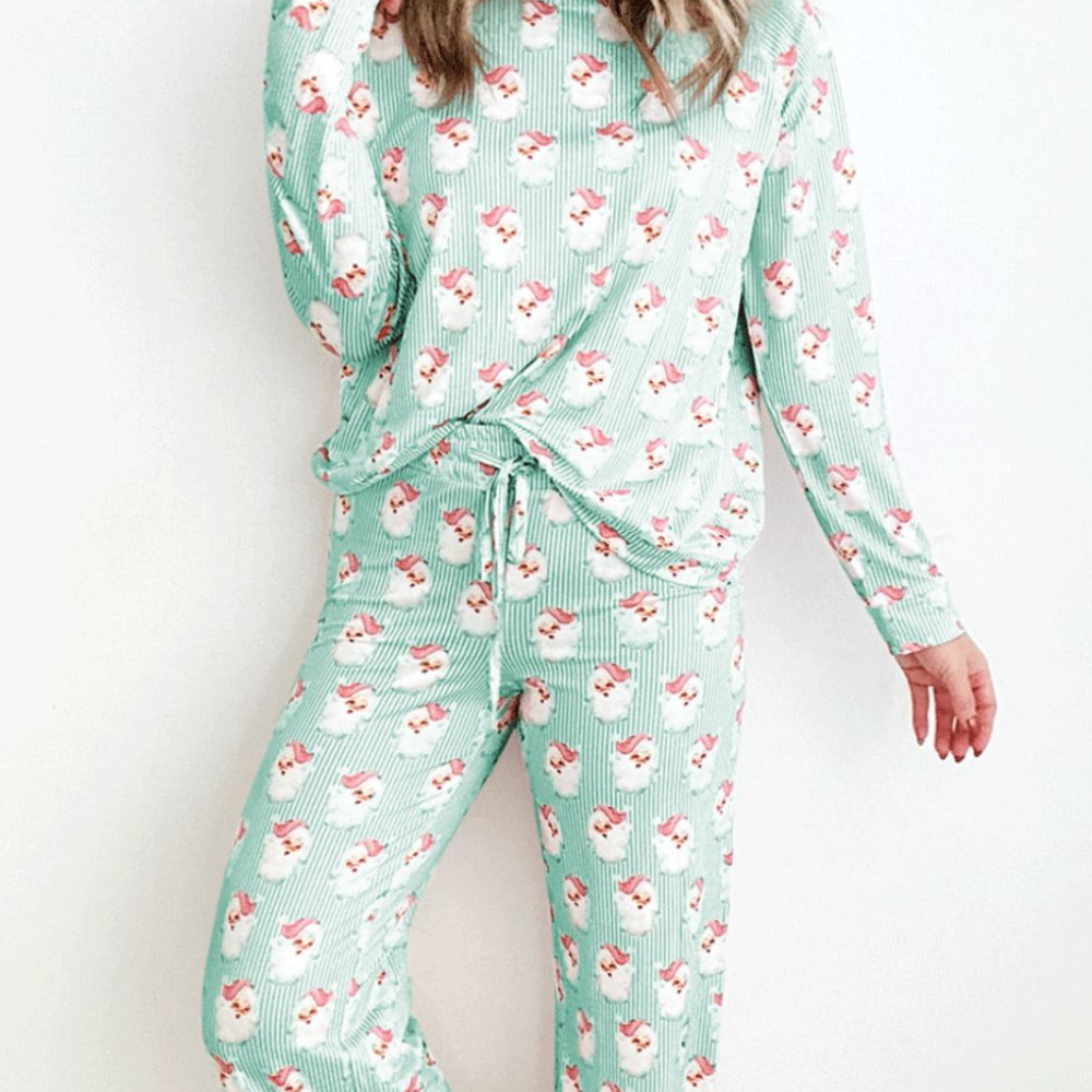 Santa Print Long Sleeve Top and Pants Lounge Set