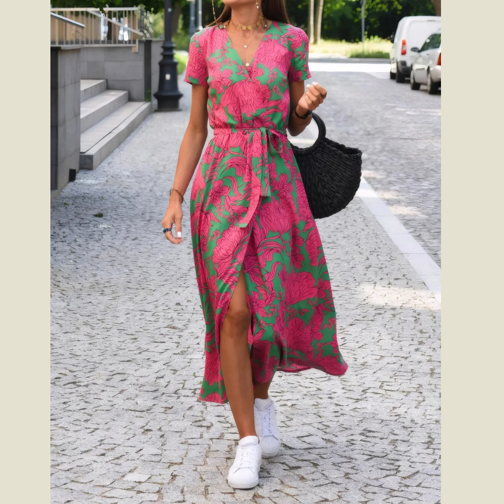 Printed Surplice Short Sleeve Dress